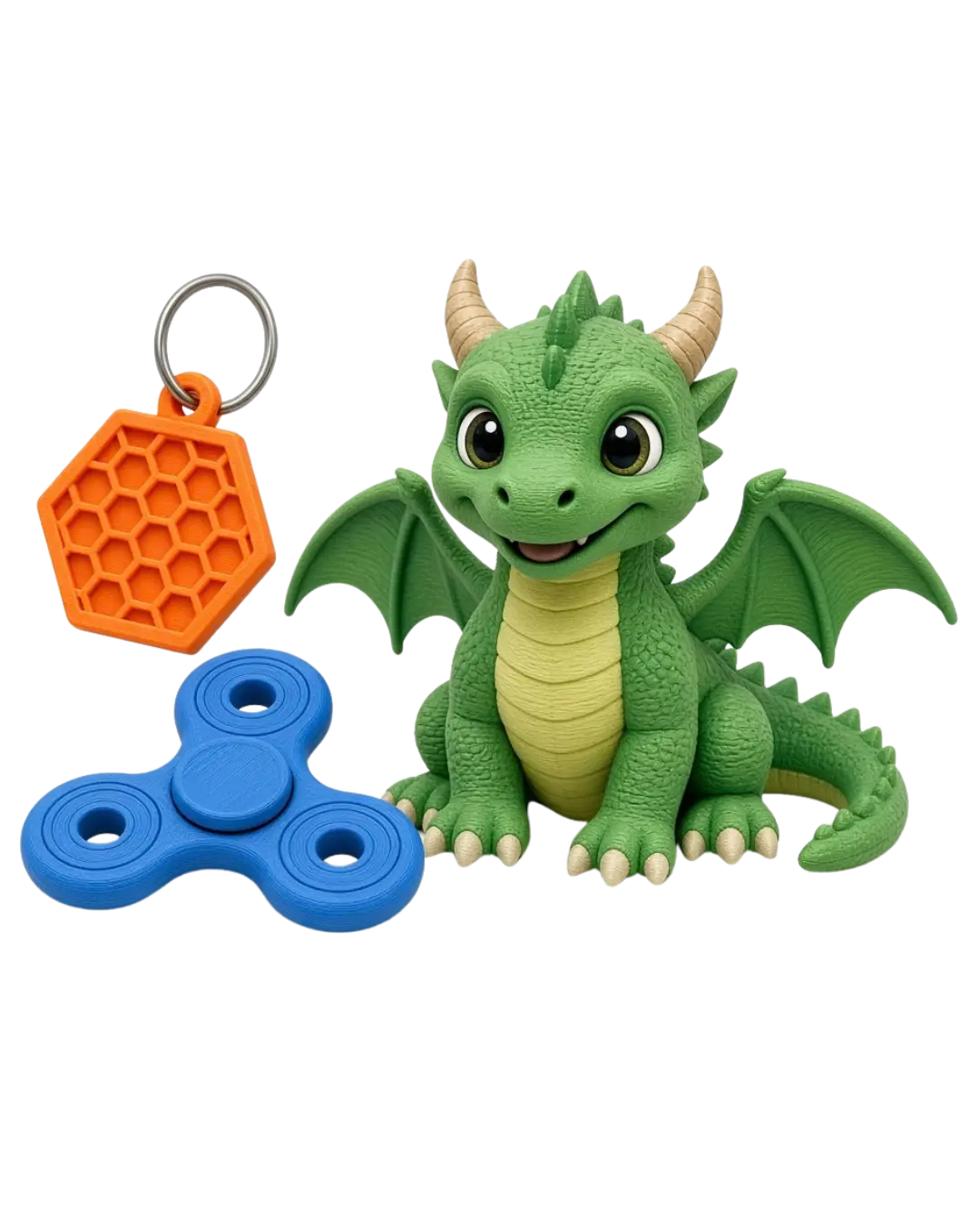 Dragão colecionável, fidget spinner e chaveiro hexagonal impressos em 3D