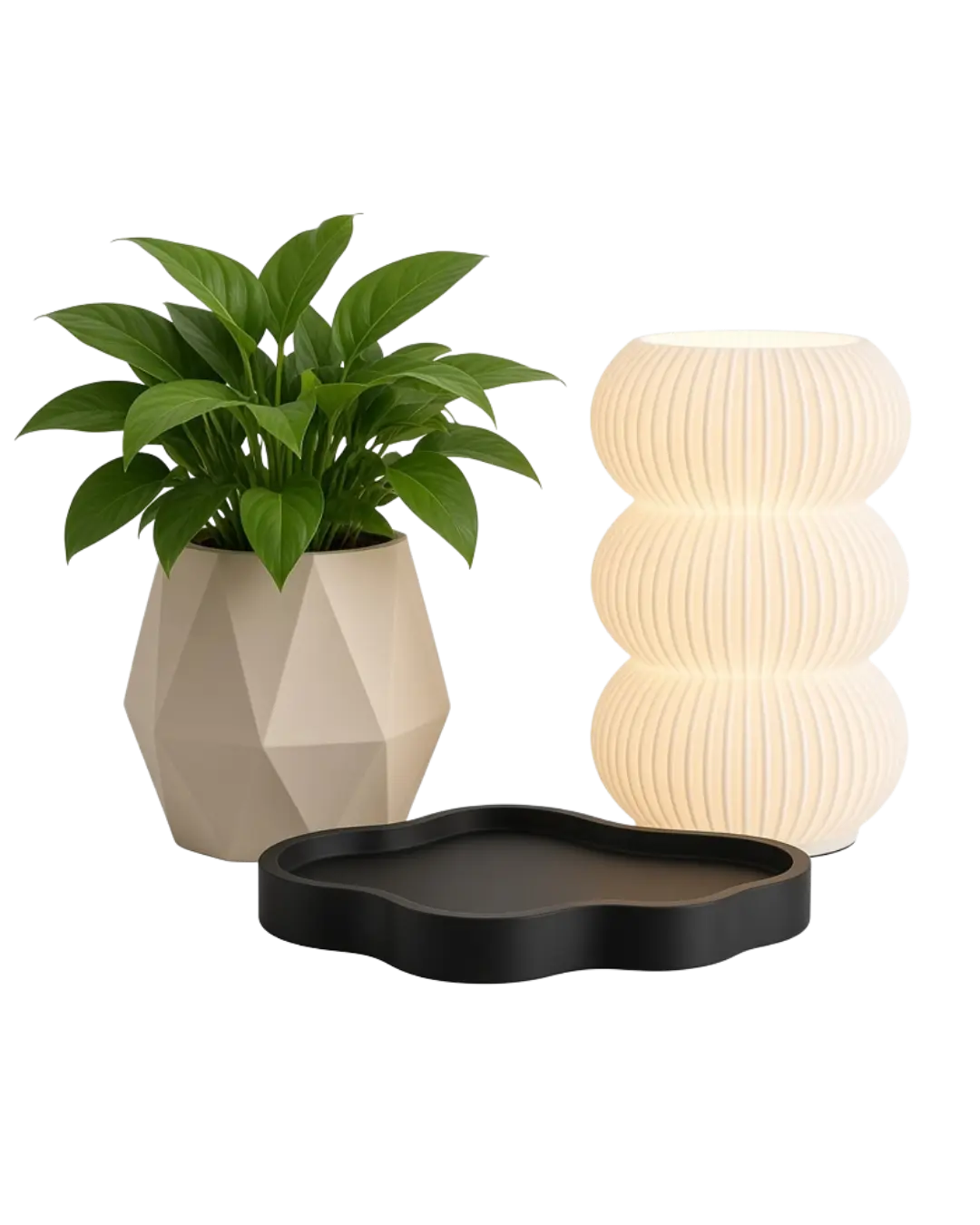 Vaso geométrico com planta, luminária empilhada e bandeja orgânica